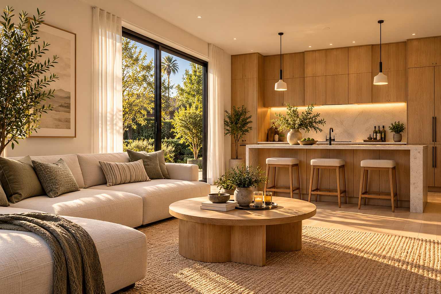 Open-plan living room and kitchen with oak cabinetry, a stone island and tall glass doors to the garden