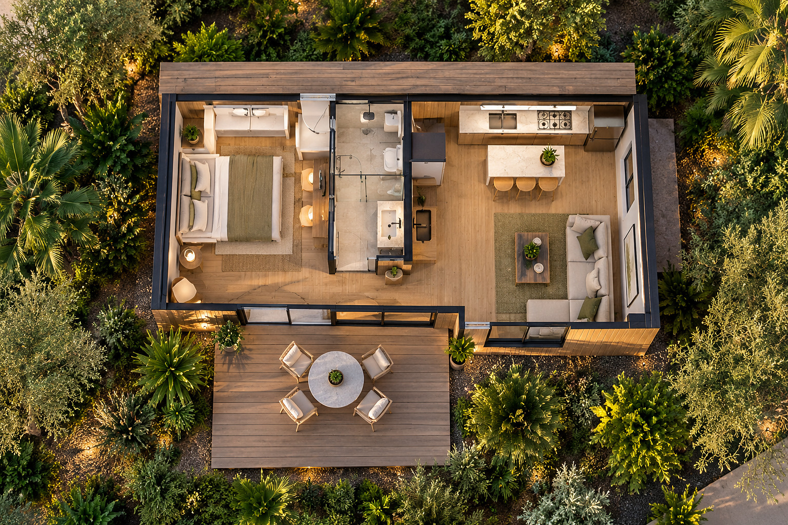 Overhead 3D visualization of the same one-bedroom plan, furnished, with a deck
