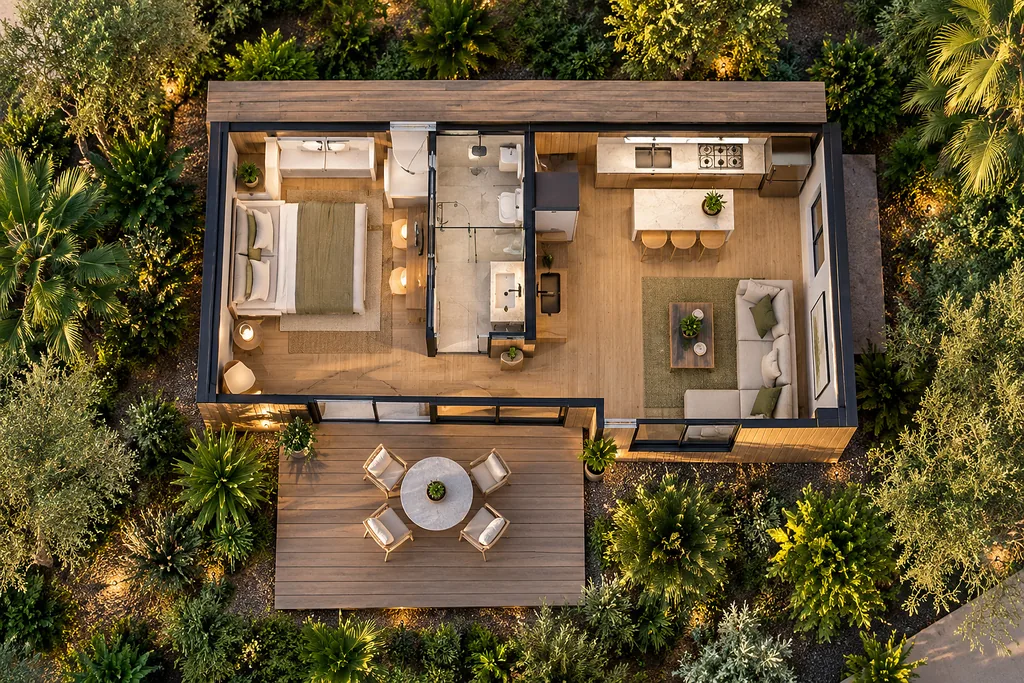 Overhead 3D view of the same plan, furnished, with a deck and dining table