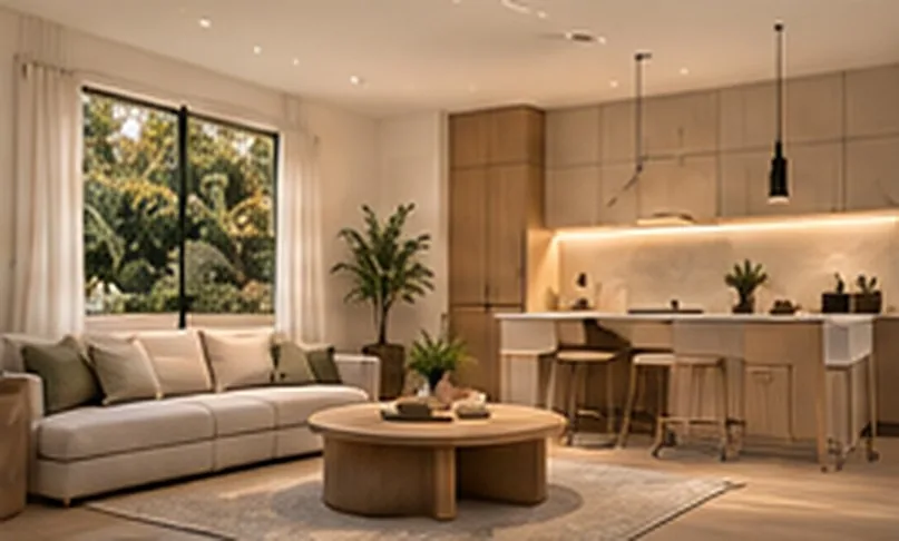 Living room and kitchen with oak cabinets and a round coffee table, concept design