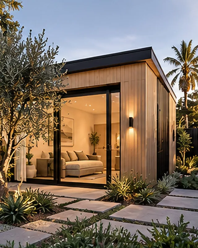 Wood-clad detached ADU with a glass corner, stone path and California planting at dusk