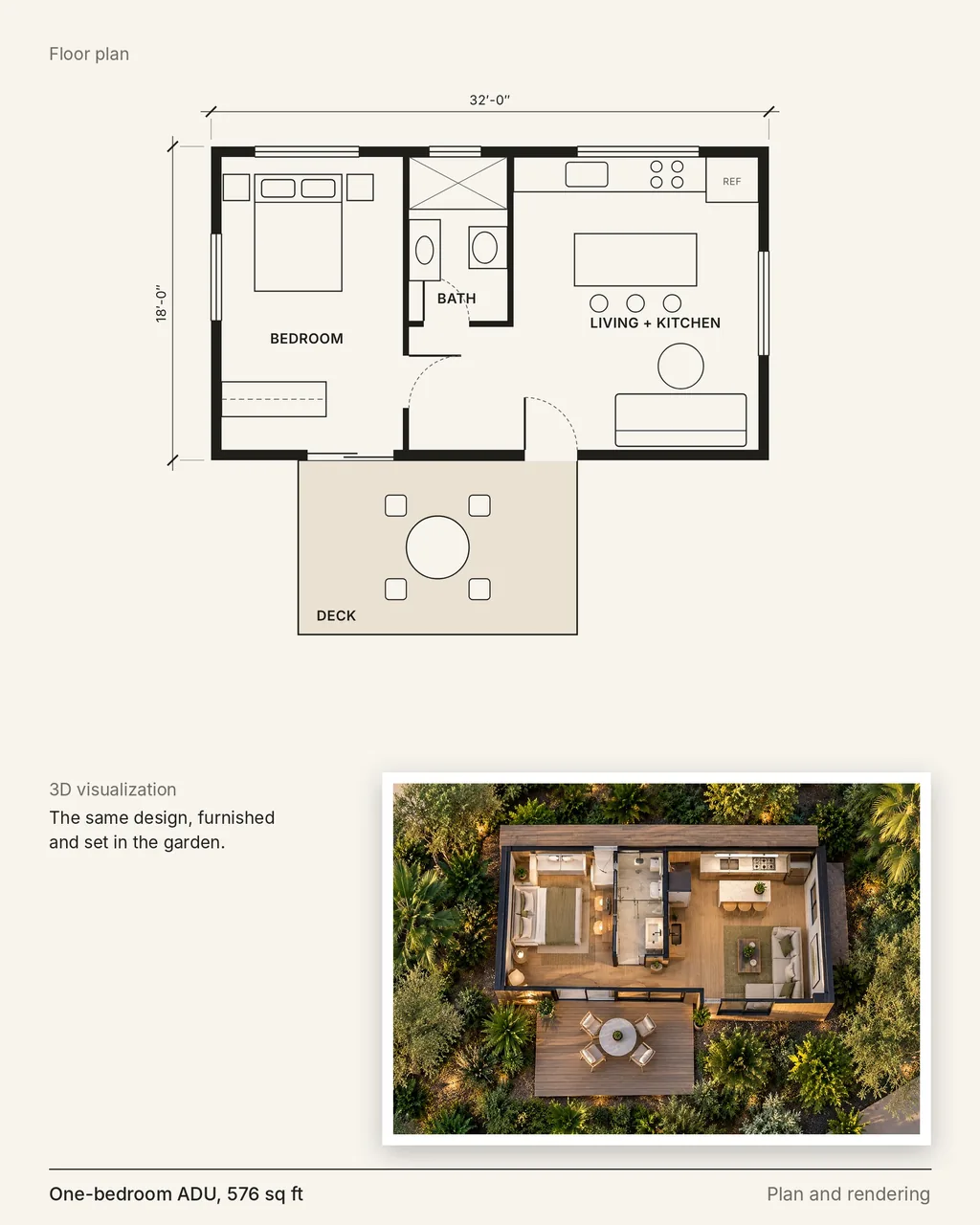 Design board with a floor plan and 3D rendering, concept design