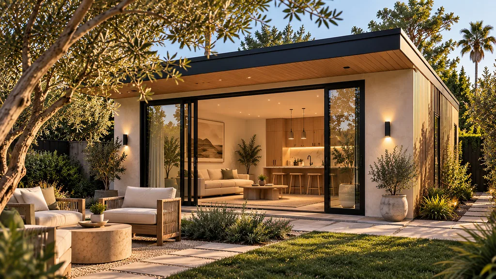 Detached backyard ADU with wide glass doors, warm stucco and olive trees at golden hour