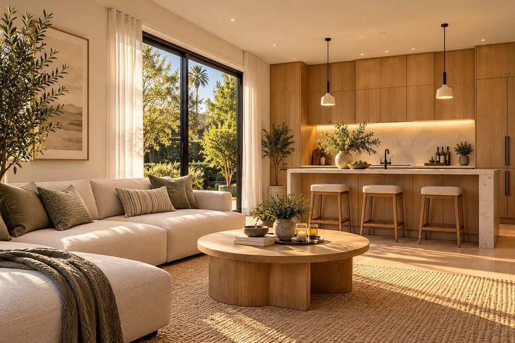 Open-plan living room and kitchen with oak cabinetry and a stone island